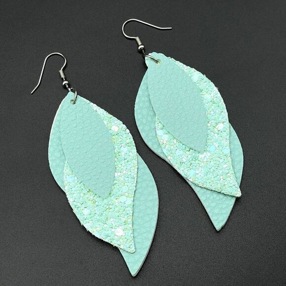 Green Faux Leather with Sequin Layered Leaf 316L Stainless Steel Hook Earrings - Picture 1 of 9